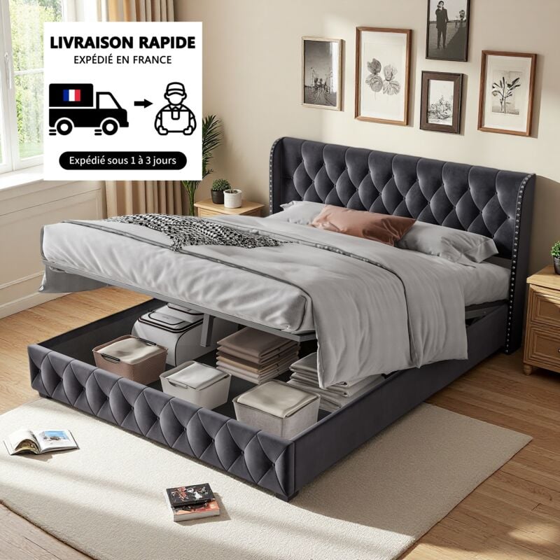 Eifson - Lit coffre double 160x200 cm, avec tête de lit à boutons rivetés avec sommier à lattes, structure en métal, velours, lit à rembourrage