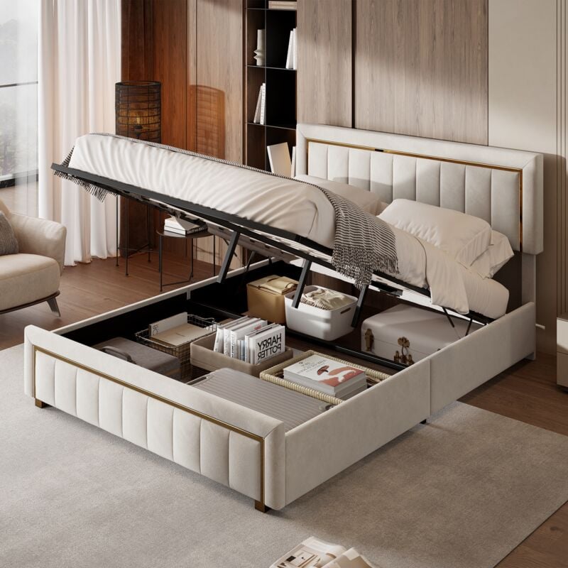 Lit coffre double 160x200 cm, avec tête de lit en velours, bordure dorée à rayures verticales, sommier à lattes, structure en métal, adapté aux