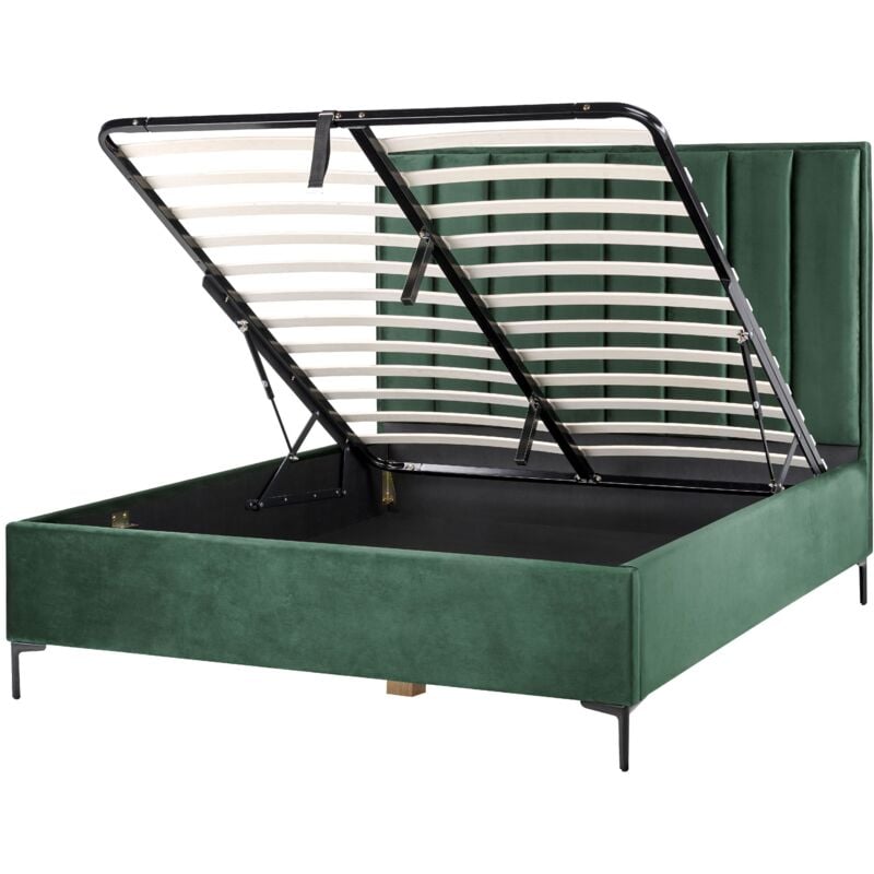 Beliani - Lit Coffre Double 160 x 200 cm en Velours Vert Foncé Métal et Bois Tête de Lit Haute Sezanne