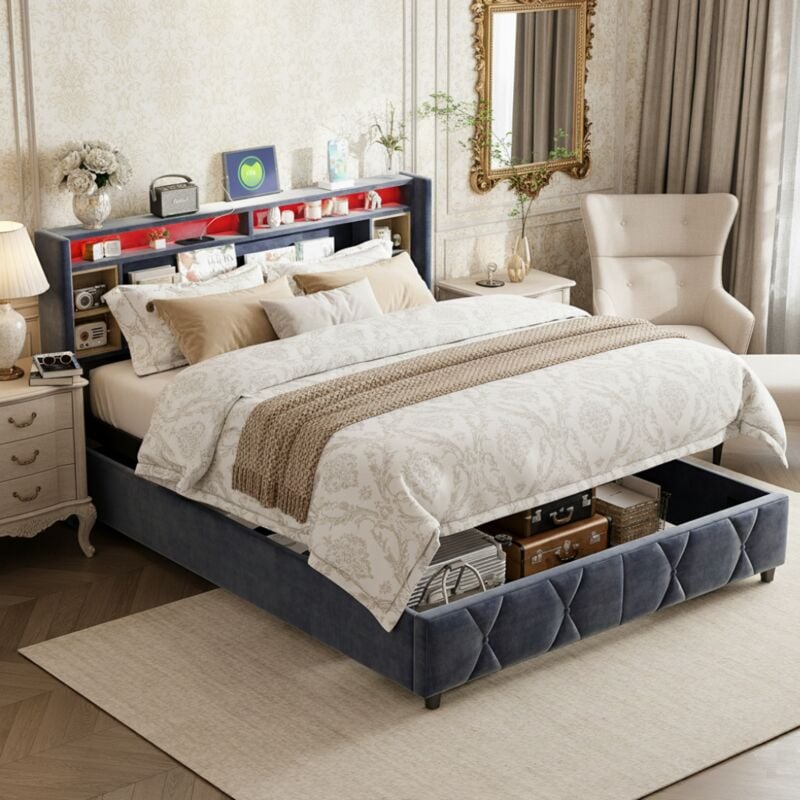Lit coffre double 160x200 cm, avec bande lumineuse led et chevets de rangement, port de recharge usb, rangement hydraulique, velours, sommier à