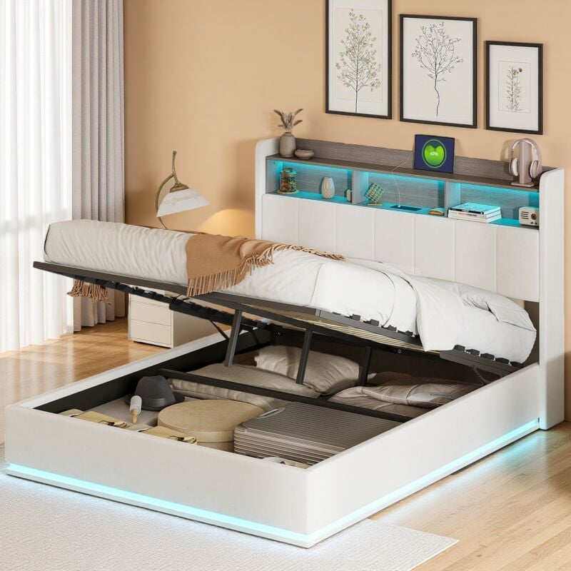 Lit coffre 140x200 cm, avec éclairage led, fonction de charge usb, velours, compartiments de rangement ouverts, sommier à lattes, lit tapissé