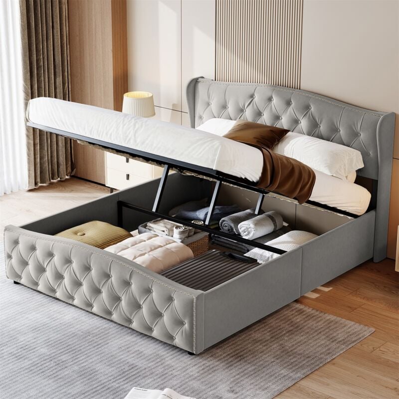 Lit coffre 160x200 cm, tête de lit ondulée avec garniture rivetée, rangement hydraulique, flanelle, sommier à lattes, adapté aux adultes et