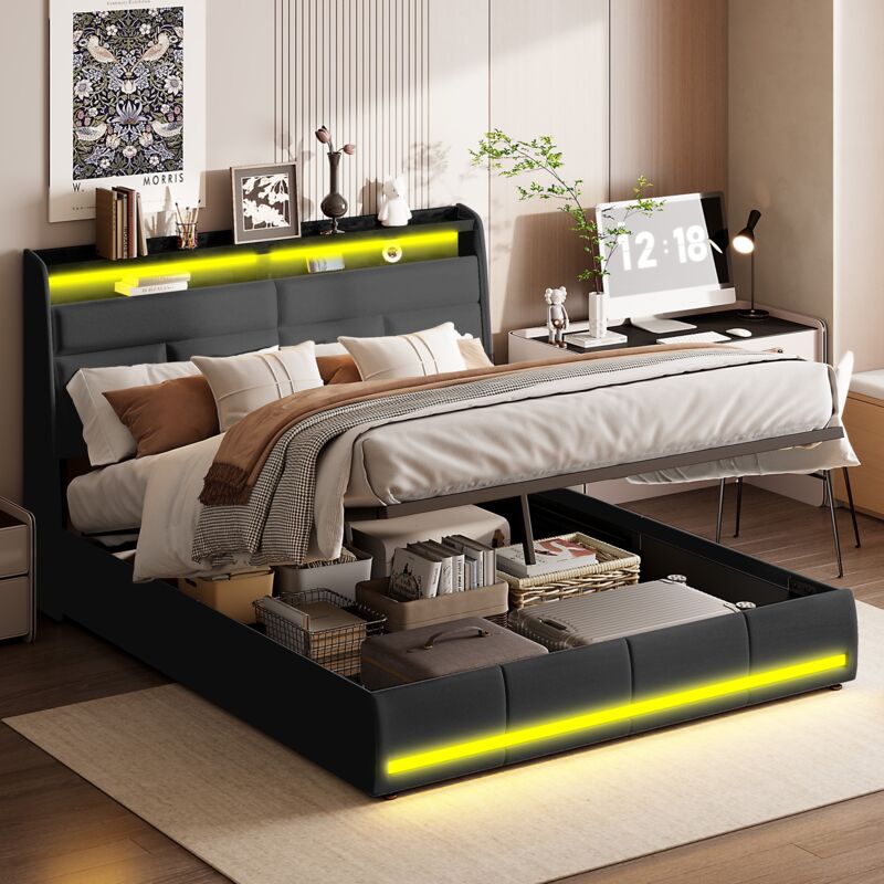 Lit coffre double 160x200 – avec LED intégré et port de charge USB, espace de rangement, sommier à lattes, scandinave – Noir