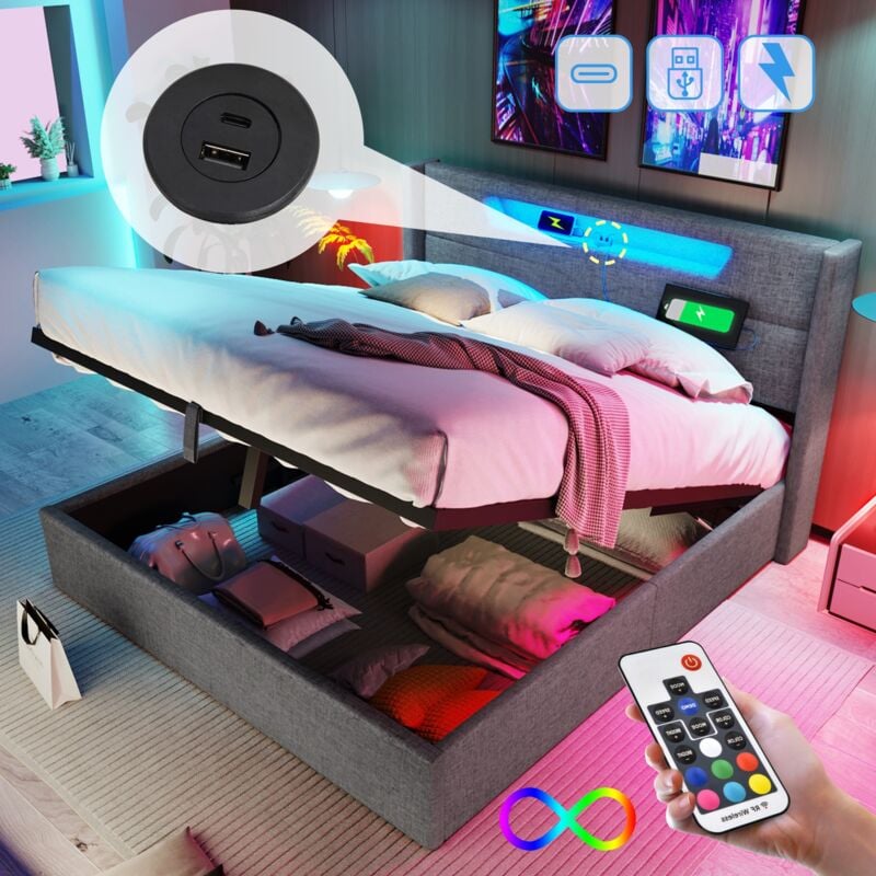 Lit coffre double 160x200 cm, avec chargement usb et éclairage led, tissu en lin, grand espace de rangement, sommier à lattes, lit à rembourrage