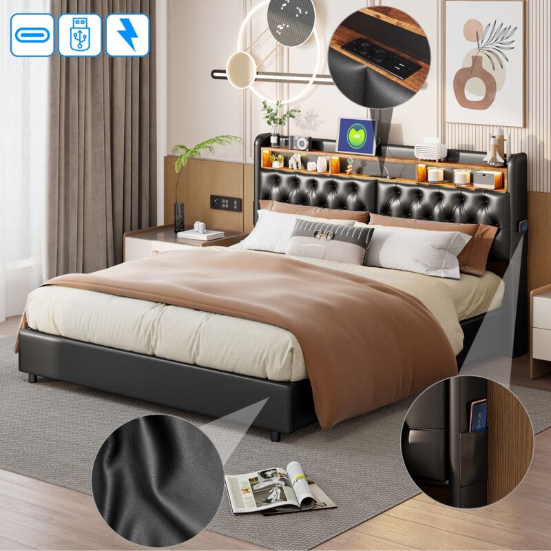 Lit coffre double 160x200 cm, avec éclairage led, chargement usb, cloisons ouvertes, poches latérales chevet, pu, ​​espace de rangement, sommier à