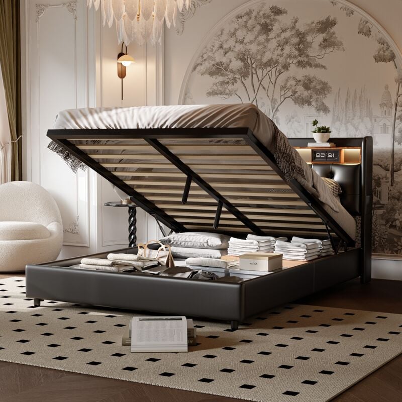 Lit coffre double 140x200 cm, avec éclairage led, chargement usb, cloisons ouvertes, poches latérales chevet, pu, espace de rangement, sommier à