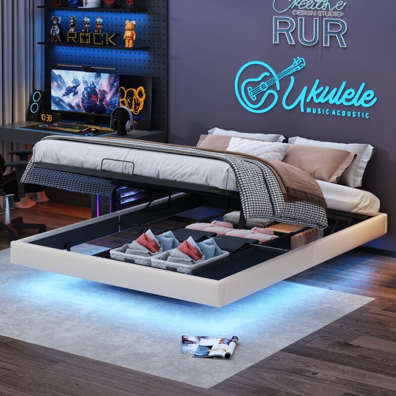 Eifson - Lit coffre double 160x200 cm, avec éclairage led, chevet sans cadre, fonction rangement, matière pu, lit suspendu, sommier à lattes - Beige