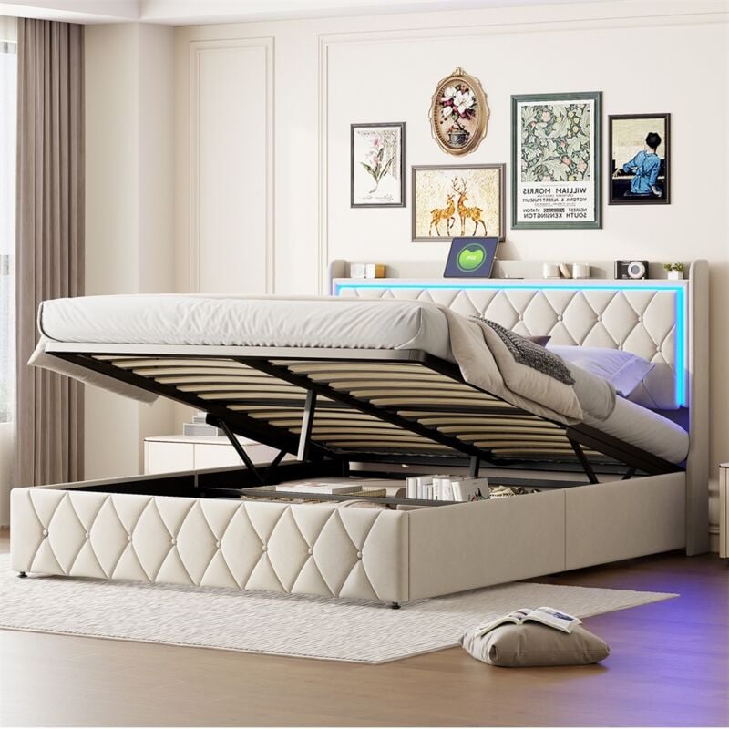 Lit coffre double 140x200 cm, avec lampe de chevet led, chargement usb, grand espace de rangement, sommier à lattes, velours - Beige