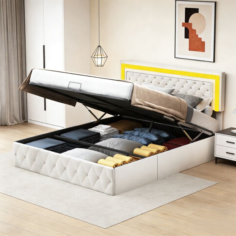 Lit coffre double 160x200 cm avec sommier à lattes,Lit capitonnée avec tête de lit réglable et lumières LED, Velours, Beige