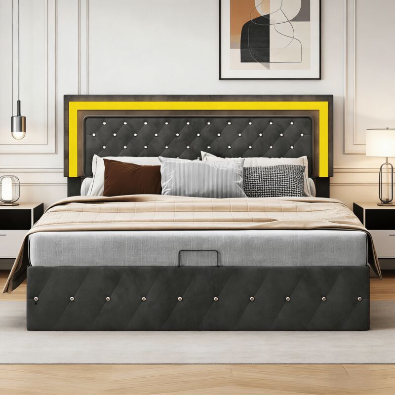 Lit coffre double 160x200 cm avec sommier à lattes,Lit capitonnée avec tête de lit réglable et lumières LED, Velours, Noir
