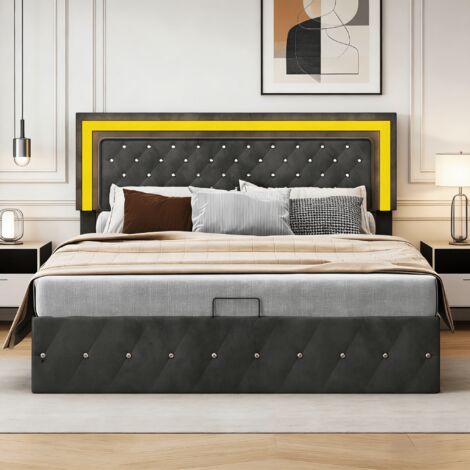 Lit coffre double 160x200 cm avec sommier à lattes,Lit capitonnée avec tête de lit réglable et lumières LED, Velours, Noir