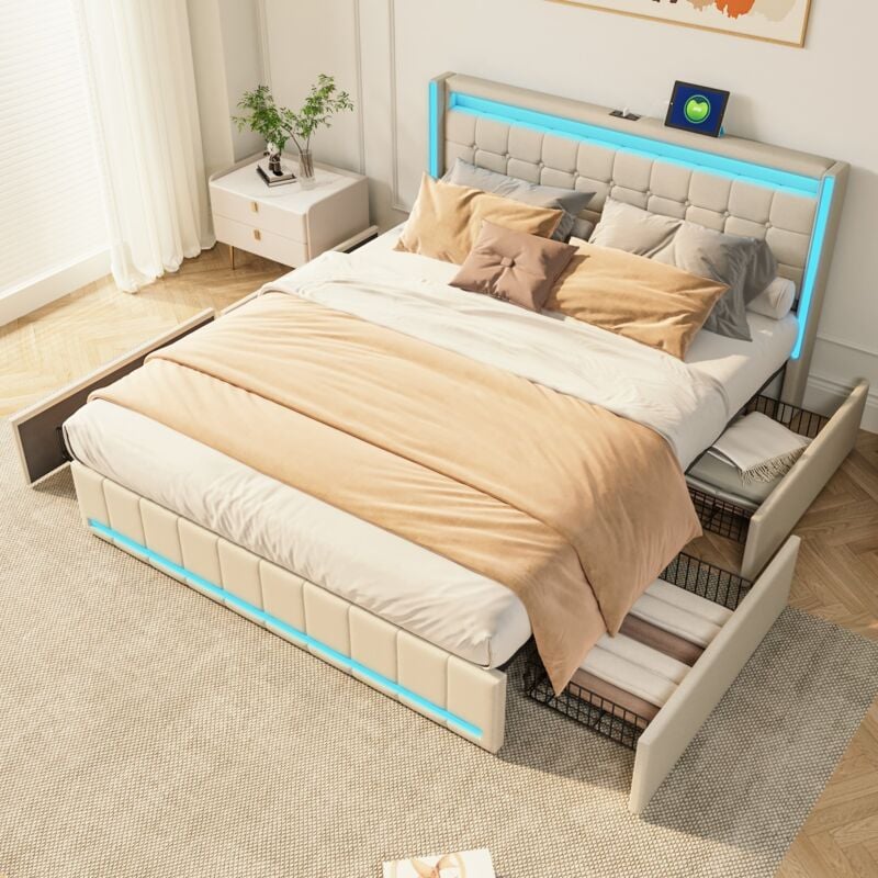 Lit double 160x200 cm, avec éclairage led, recharge usb, 4 tiroirs de rangement en fer, linge, adapté aux adultes et adolescents - Beige