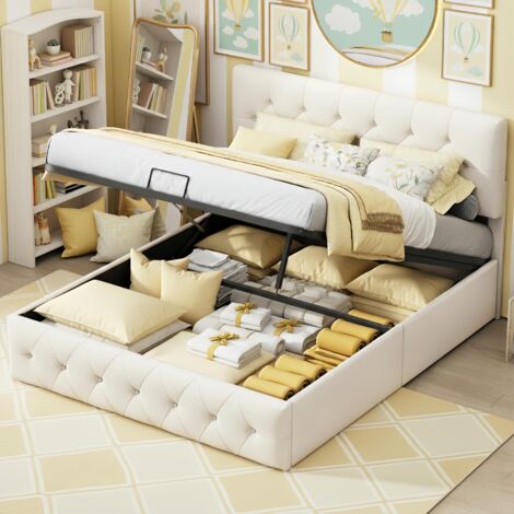 EIFSON Lit coffre double 160x200 cm, décoration boutons, sommier à lattes, velours, rangement air bar, adapté aux adultes et adolescents - Abricot