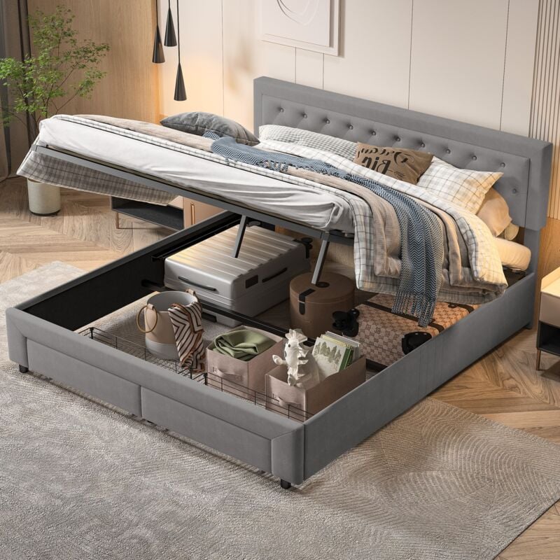 Lit coffre double 160x200 cm, décoration de boutons, deux tiroirs en bout de lit, nombreux rangements, velours, sommier à lattes - Gris
