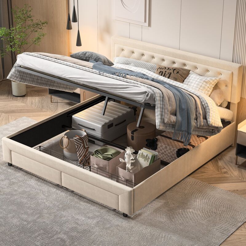 Eifson - Lit coffre double 180x200 cm, décoration de boutons, deux tiroirs en bout de lit, nombreux rangements, velours, sommier à lattes - Beige