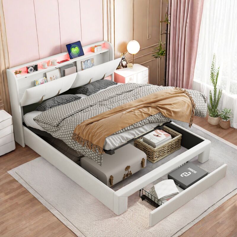 Eifson - Lit coffre double 140x200 cm, avec tête de lit led rangement caché, chargement usb et Type-C, tiroirs, sommier à lattes, lit capitonné en