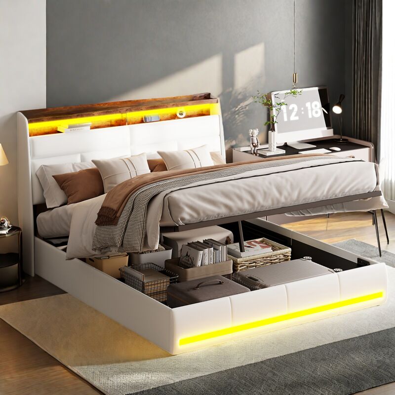 Sureh - lit coffre double, Lit coffre capitonné 140x200 avec sommier, lit double avec éclairage led, lit adulte 140x200, lit hydraulique, Tête de lit