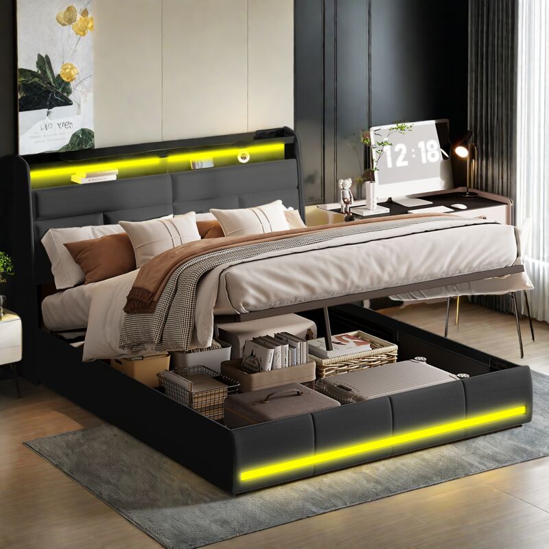 Sureh - lit coffre double, Lit coffre capitonné 140x200 avec sommier, lit double avec éclairage led, lit adulte 140x200, lit hydraulique, Tête de lit