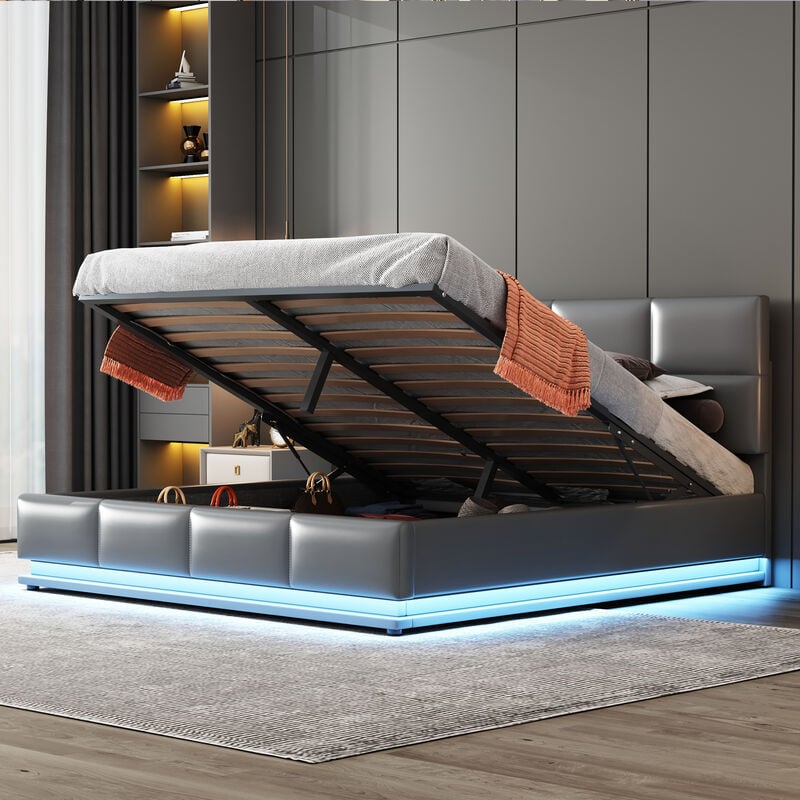 Lit coffre double 160x200cm avec éclairage led, tête de lit tapissée réglable en hauteur, sommier à lattes, structure en métal, lit adulte capitonné