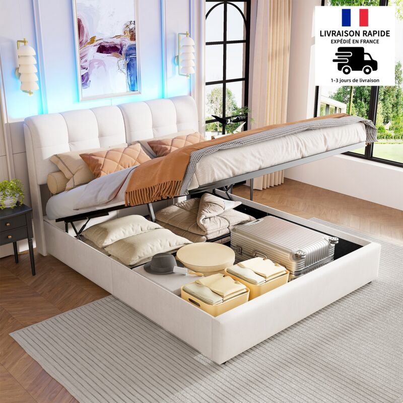 Lit coffre160x200cm, lit capitonné avec rangement hydraulique, sommier à lattes en bois, Cadre en métal, avec tête de lit tapissée led, velours