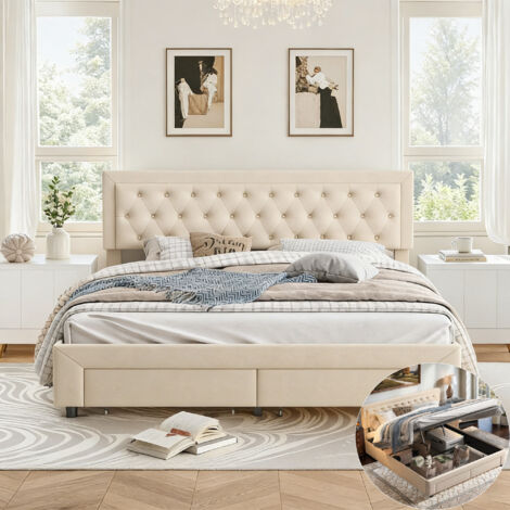 Lit coffre double 160x200cm avec sommier à lattes et 2 tiroirs, Cadre de lit rembourré avec rangement, Lit 2 Personnes adultes,style scandinave, Velour, Beige