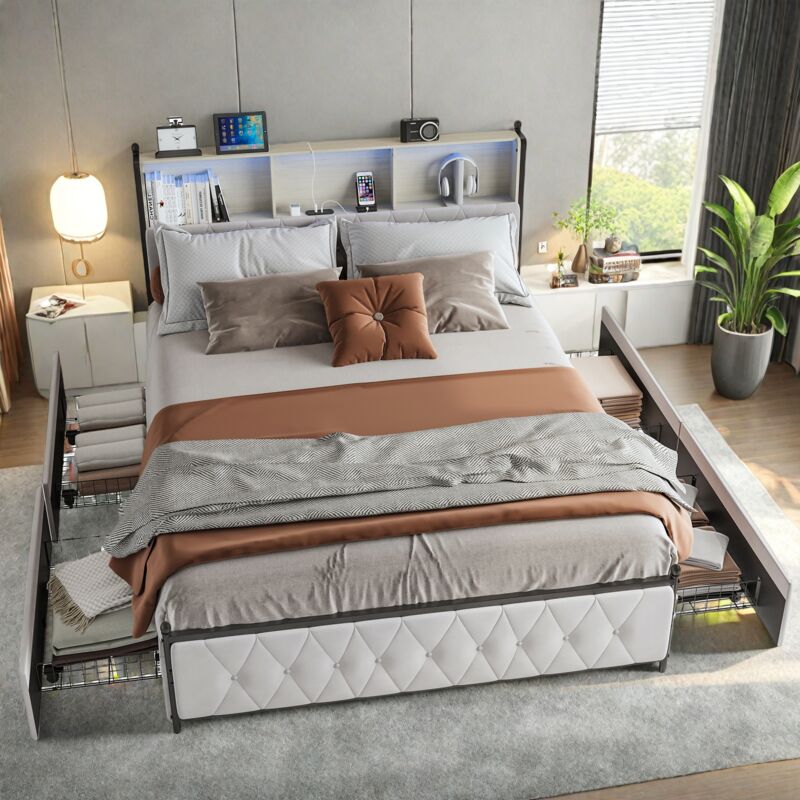 Lit 160x200 cm, avec 4 tiroirs de rangement, éclairage led orientable, usb et Type-C, cloisons ouvertes, velours, sommier à lattes - Beige