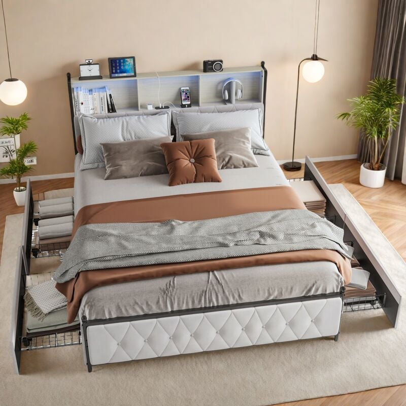 Lit 140x200 cm, avec 4 tiroirs de rangement, éclairage led orientable, usb et Type-C, cloisons ouvertes, velours, sommier à lattes - Beige