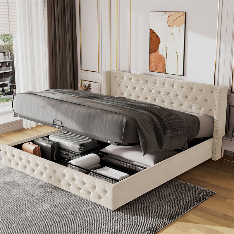 Fortuna Lai - Lit coffre double, avec sommier tapissier, tête de lit en forme d'oreille, sommier à lattes, lit capitonné velours, Beige 160x200 cm