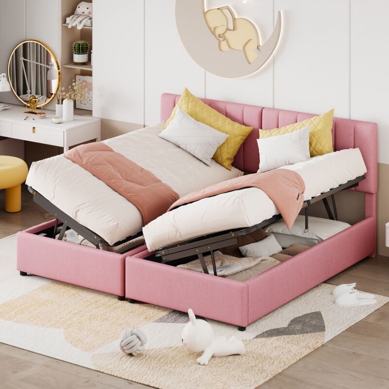 Eifson - Lit coffre double 180x200 cm, lit multifonction 2 en 1 avec tête de lit à rayures verticales, linge avec rangement, sommier à lattes,