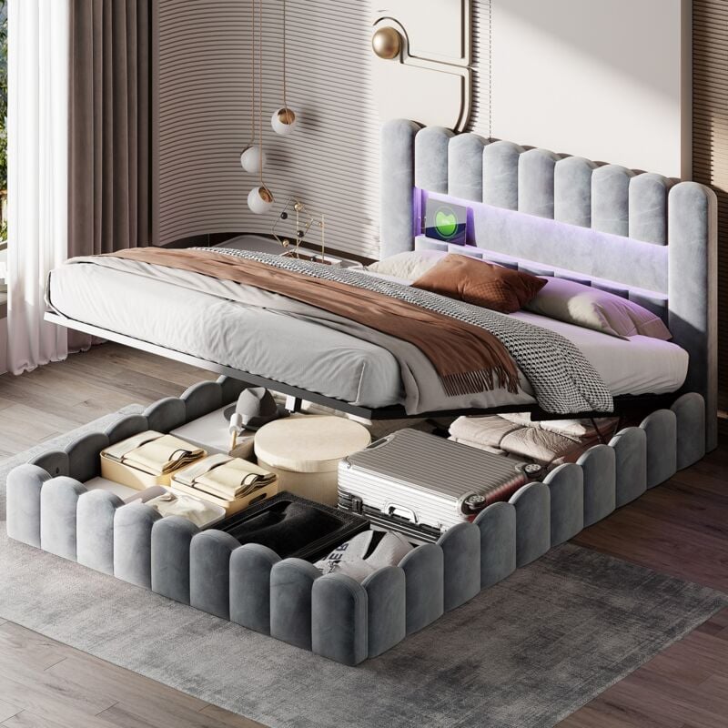 Lit coffre double 180x200 cm, avec éclairage led, chargement usb, fonction rangement, forme souche, velours, sommier à lattes, lit tapissé