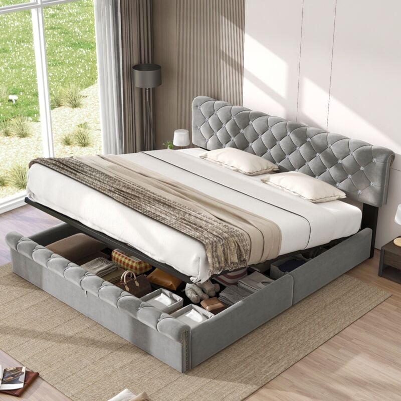 Eifson - Lit coffre double 180x200cm, avec rangement hydraulique, sommier à lattes, tête de lit réglable, lit capitonné en velours pour adultes et