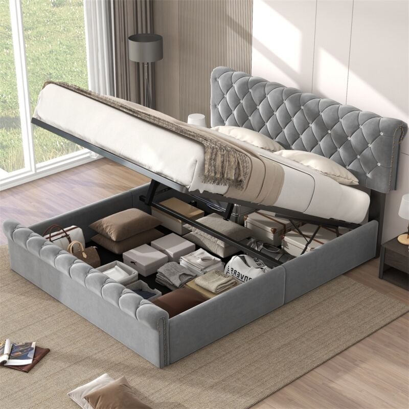 Lit coffre double 140x200 cm, à rangement hydraulique, tête de lit calfeutrée diamant, velours, avec sommier à lattes, structure métallique, adapté