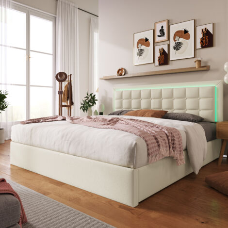 Lit coffre double 180x200cm tête capitonnée rangement hydraulique éclairage LED cuir PU Blanc (Sans matelas)