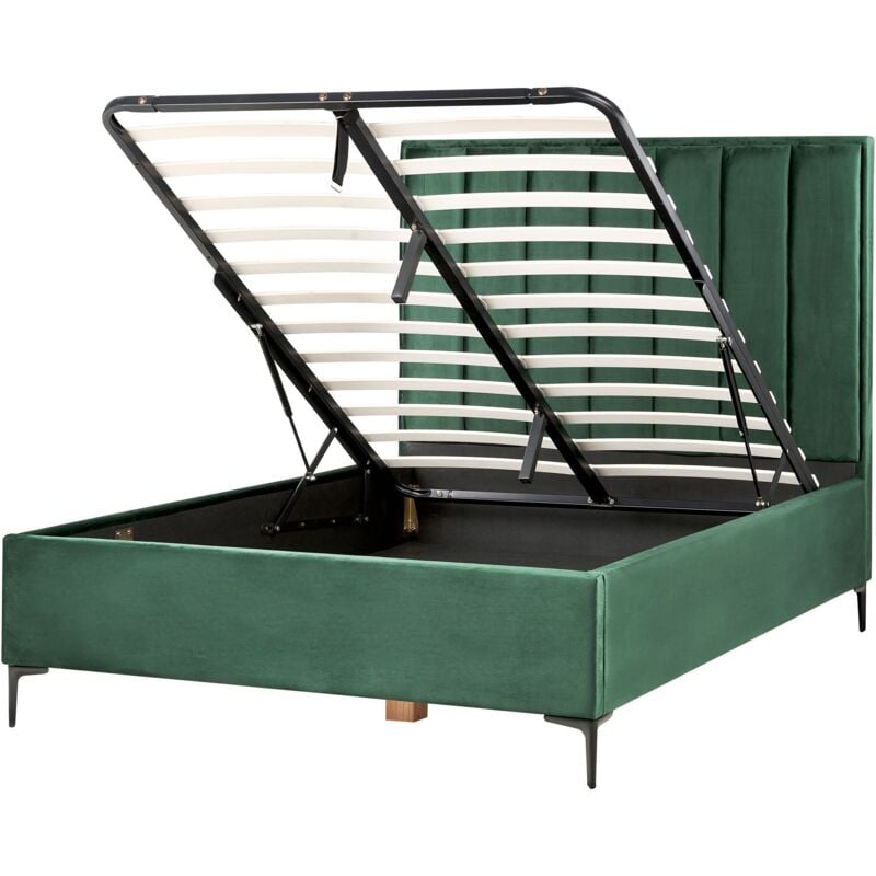 Beliani - Lit Coffre Double à Tête de Lit Haute avec Rangement Coffre Relevable 140 x 200 cm en Velours Vert Foncé Sezanne