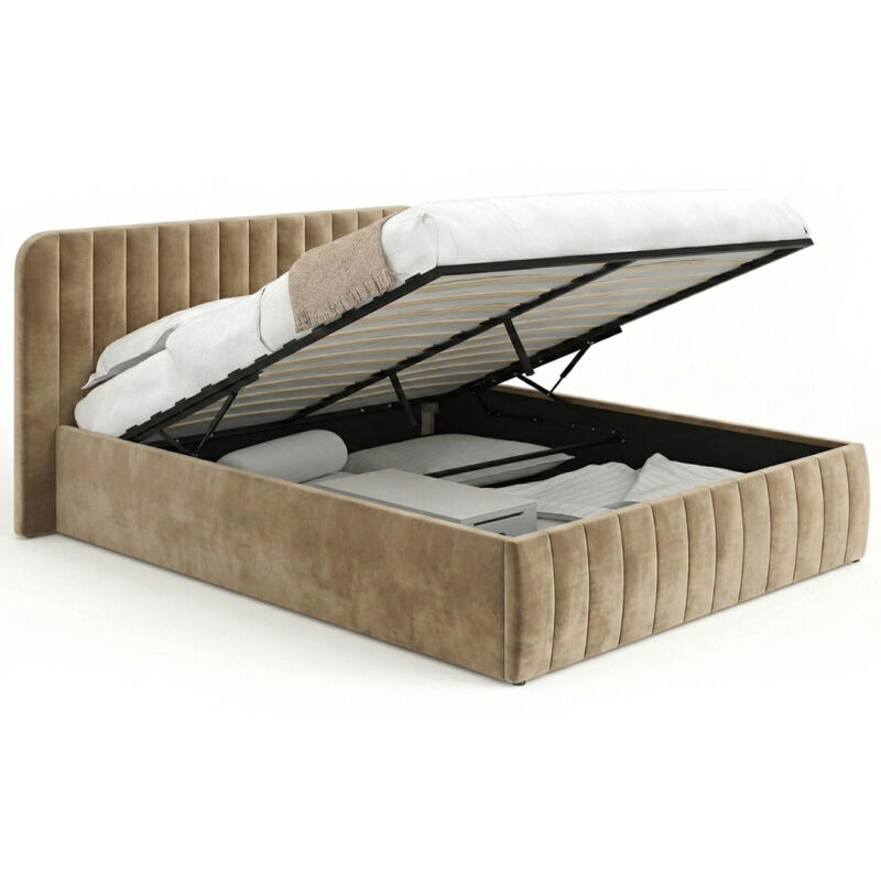 Lit coffre double ALBA avec tête de lit et sommier 140 x 190 cm velours taupe