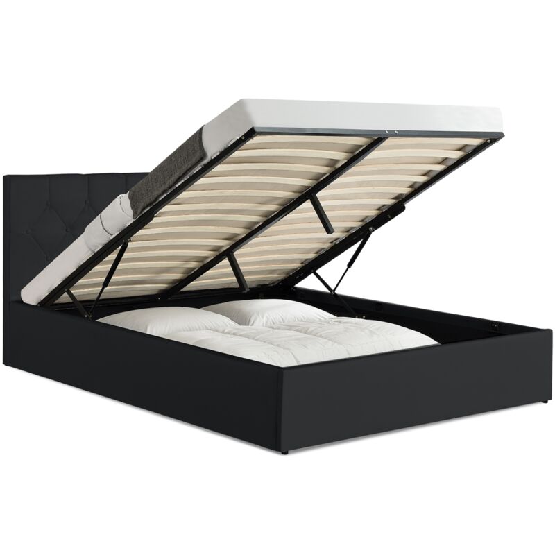 Lit coffre double AUSTIN avec tête de lit et sommier 160 x 200 cm PVC noir