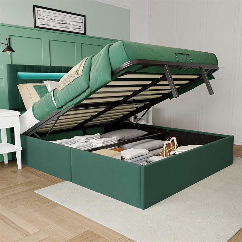 Lit coffre double 140x200cm, avec sommier à lattes et tête de lit led, réglable en hauteur, flanelle, vert