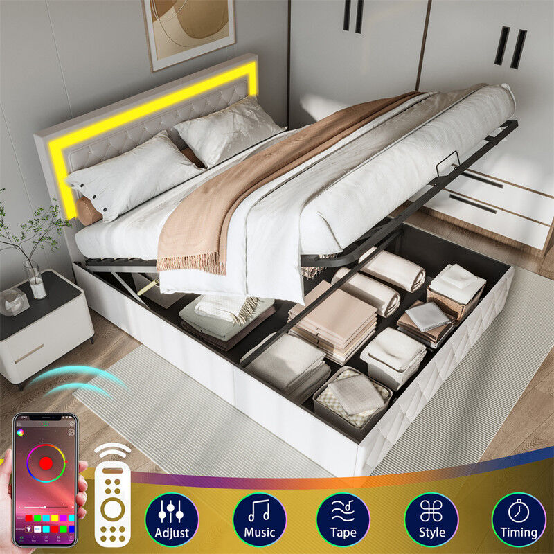 Lit coffre double 180x200cm, avec sommier à lattes et tête de lit réglable avec RGB/LED , velours, décor motif de bouton, beige