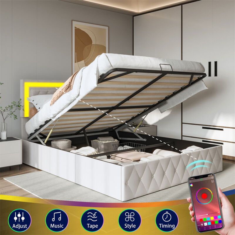 Fortuna Lai - Lit coffre double 140x200cm - avec sommier à lattes et tête de lit réglable avec rgb/led , velours, décor motif de bouton - Beige