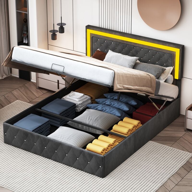 Fortuna Lai - Lit coffre double 140x200cm - avec sommier à lattes et tête de lit réglable avec rgb/led , velours, décor motif de bouton - Noir