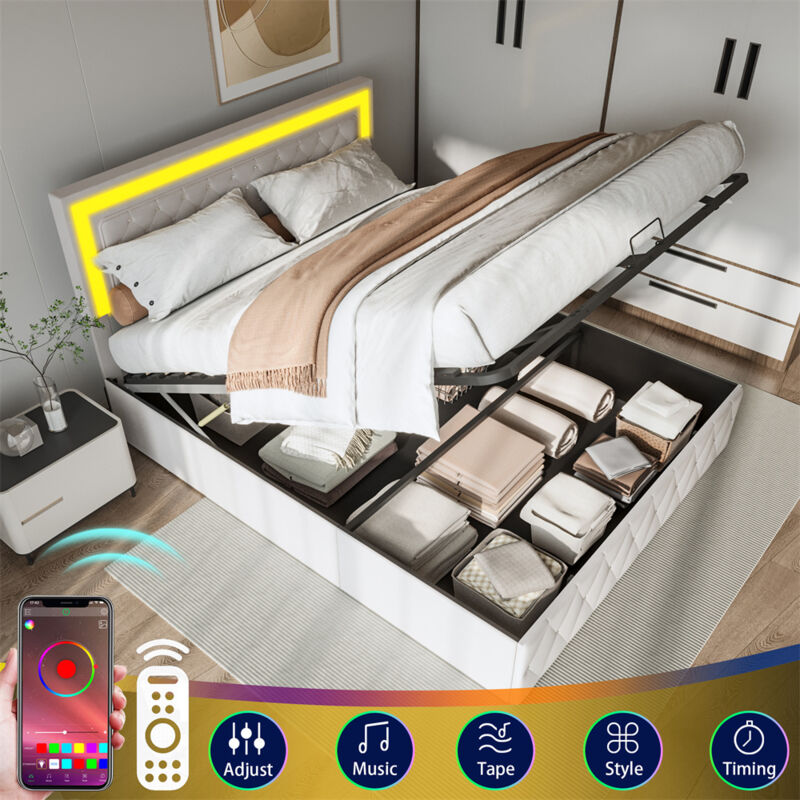 Fortuna Lai - Lit coffre double 160x200cm, avec sommier à lattes et tête de lit réglable avec rgb/led , velours, décor motif de bouton, beige