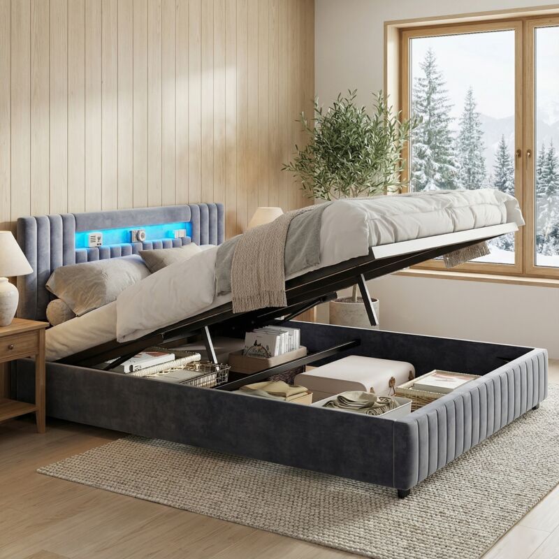 Lit coffre 140x200 avec sommier, lit double capitonné avec éclairage LED RGB, lit adulte avec hydraulique en velours, tête de lit avec rangement