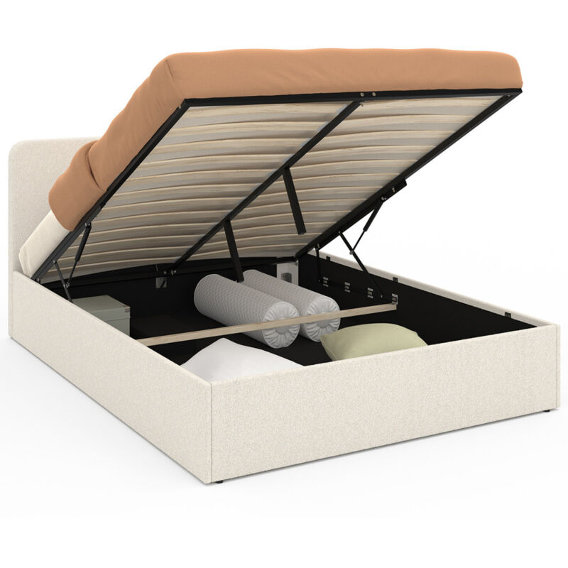 Lit coffre double bradford avec tête de lit et sommier 140 x 190 cm tissu bouclette