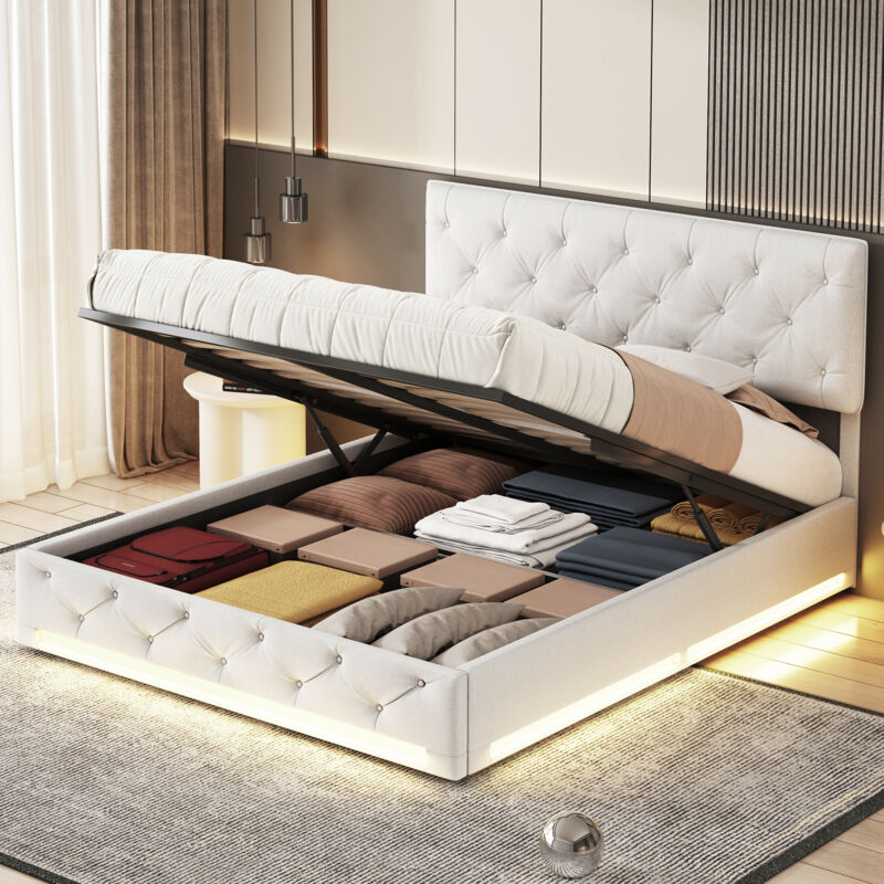 Lit coffre double 160x200cm, cadre de lit avec bande led avec sommier à lattes et tête de lit designe boutons, tissu en lin, beige-blanc