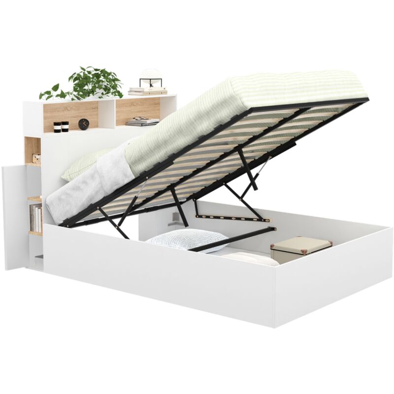 Idmarket - Lit coffre double clyde avec tête de lit + rangements et sommier 140 x 190 cm blanc et façon hêtre