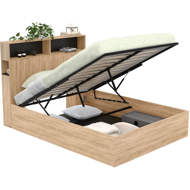 Lit coffre double clyde avec tête de lit + rangements et sommier 140 x 190 cm façon hêtre et noir