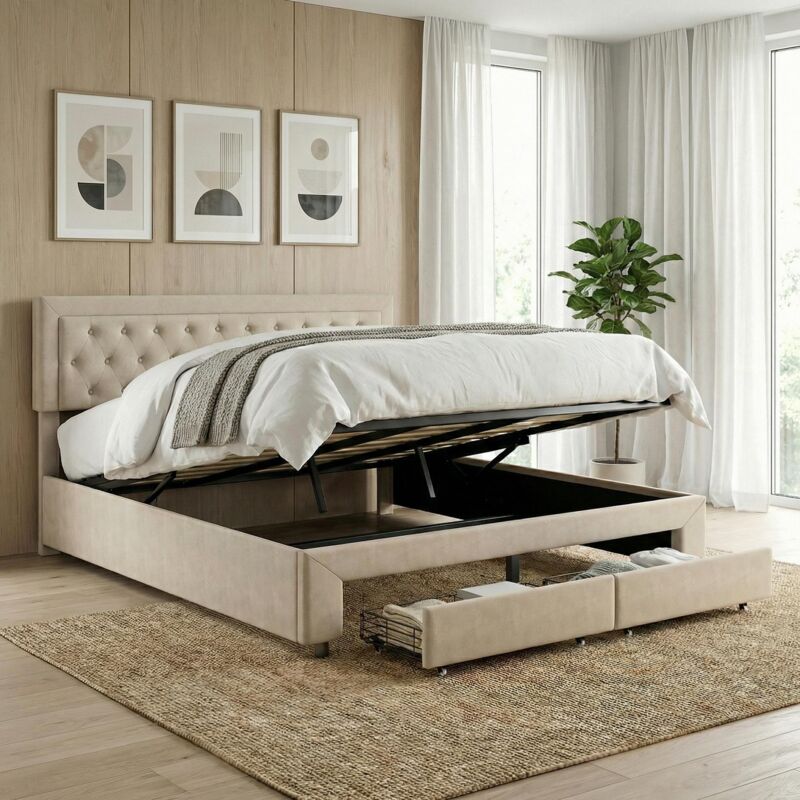 Lit coffre double 160x200 cm en velours beige avec 2 tiroirs - Tête de lit capitonnée - Sommier à lattes inclus - Rangement hydraulique(160x200cm, Lit coffre double 160x200 cm en velours beige avec 2 tiroirs - Tête de lit capitonnée - Sommier à lattes inclus - Rangement hydraulique(160x200cm,