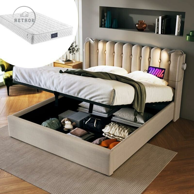 Retrok - Lit double coffre hydraulique 140x200cm - avec tête de lit rechargeable et liseuse, coffre de lit avec sommier à lattes, lin - beige (avec