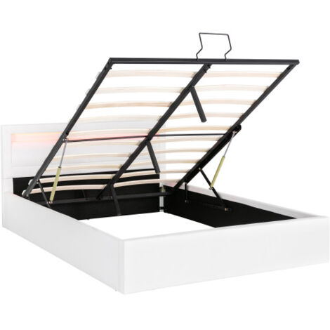Lit coffre double, lit LED, 140x200cm, avec sommier à lattes et espace de rangement, avec tête de lit éclairée en diverses couleurs，Blanc,Tête de lit & similicuir
