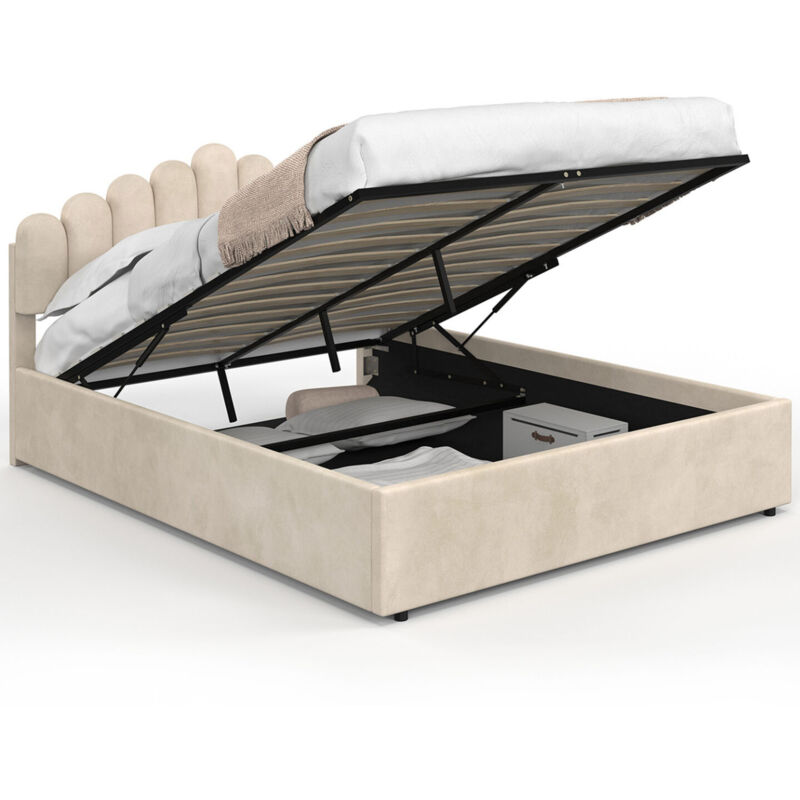 Lit coffre double NOELIE avec tête de lit et sommier 140 x 190 cm velours beige